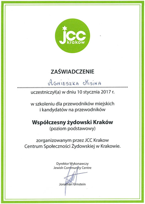 Jewish Community Centre - Agnieszka's certificate